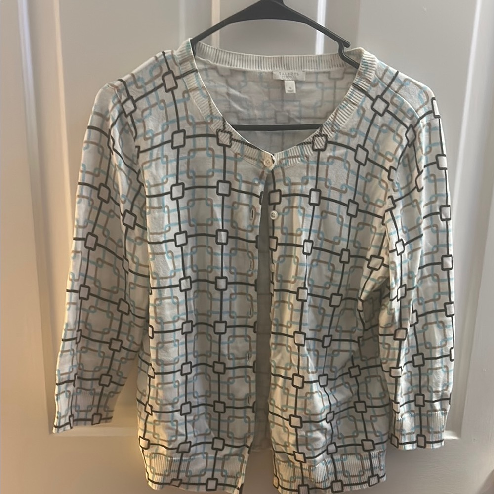 Talbots Geometric Patterned Cardigan - Cream, Blue, Black and Tan